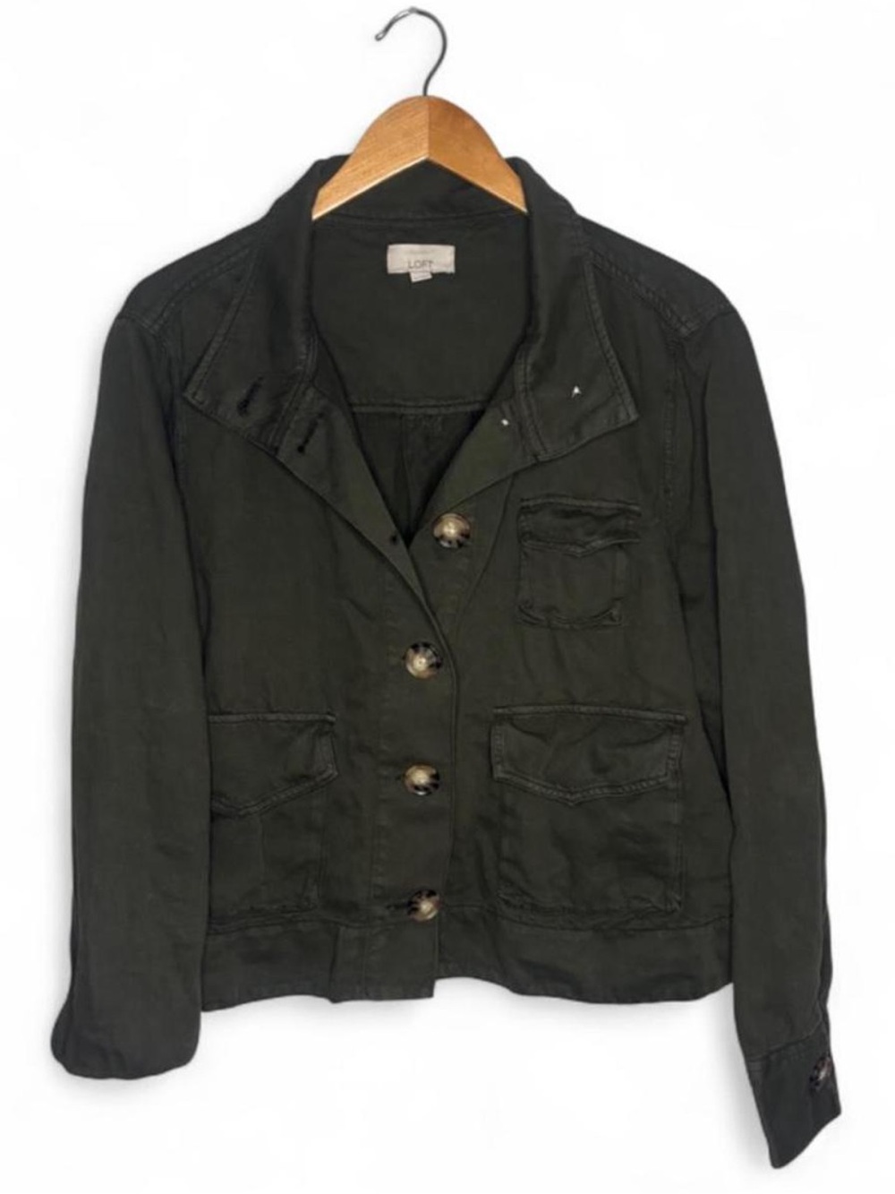 LOFT Women’s Linen/Cotton Olive Green Button Up Utility Jacket